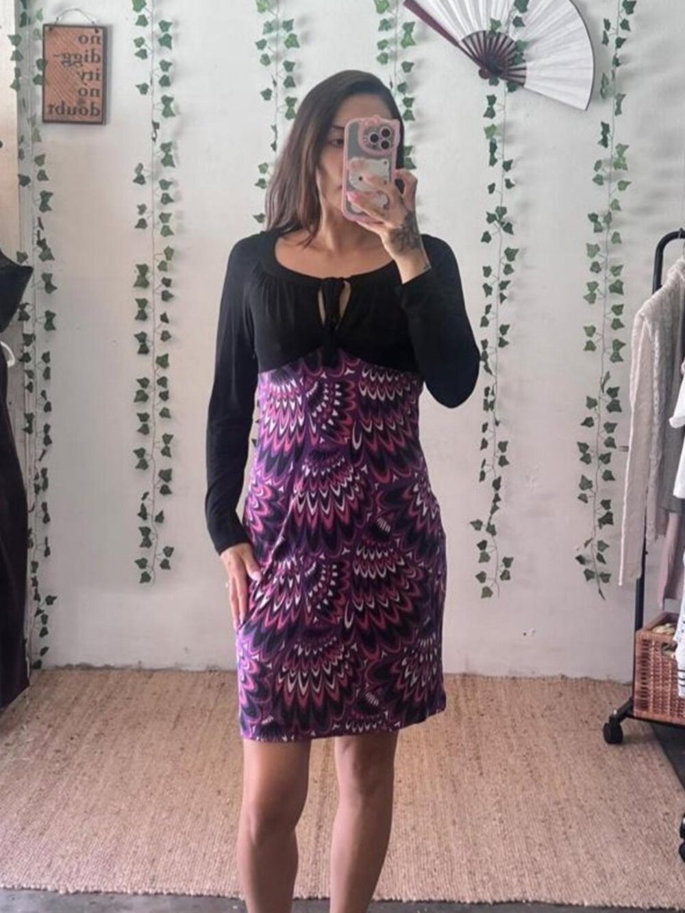 Y2K style100% silk purple & black geometric patterned mini dress size S